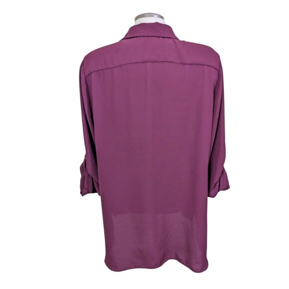MARIE CLAIRE BOUTIQUES Sheer V Neck Blouse Tunic Womens XL Burgundy Red Roll Tab - Picture 4 of 7